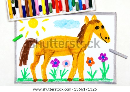Colorful drawing: cute smiling horse in the pasture