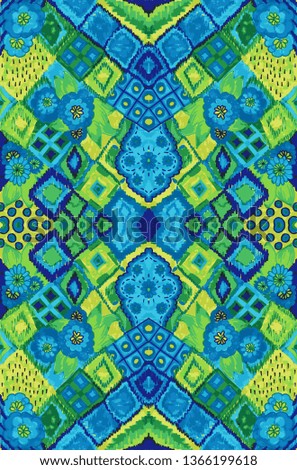 Blue and green Ikat Seamless Background Pattern with flowers and leaves. hand drawn print for textile and fabric design