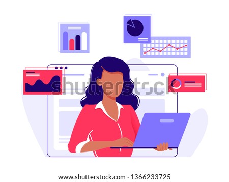 Office worker. Woman is working at her laptop and the infographics on the background. Blue, red. Isolated flat vector illustration