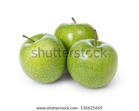 three fresh green granny smith apples, isolated Royalty-Free Stock Photo #136625669
