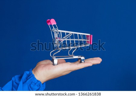  shopping cart in male hands against blue background