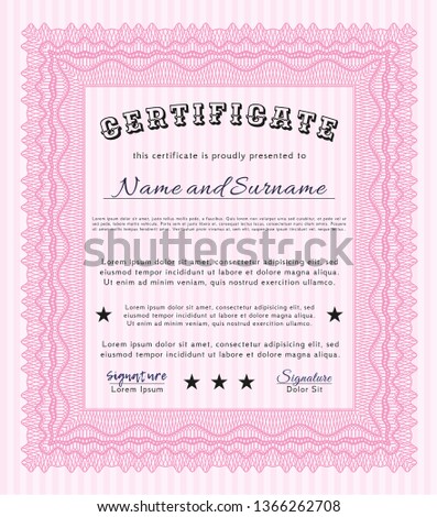 Pink Certificate of achievement template. Beauty design. Vector illustration. With complex background. 