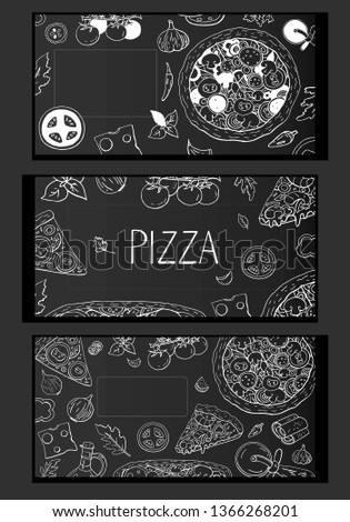 Vintage horizontal italian pizza tree banners on black background. Set of pizza banners for cafe menu on chalkboard