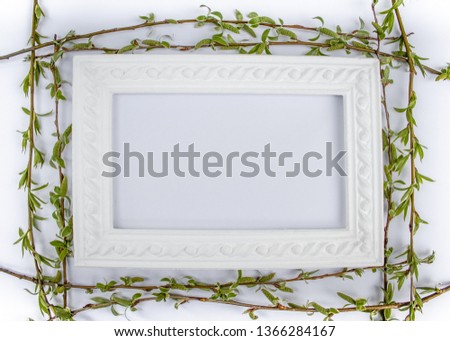 White frame with green willow branches on a white background. Copy space in the middle for your text. Willow twigs.