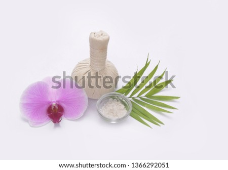 spa setting and Spa composition with white orchid flowers and palm, herbal ball,salt in bowl


