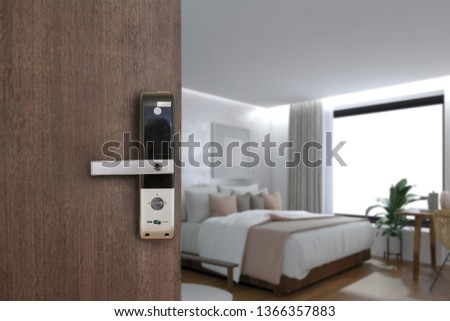 Hotel room opened with digital door access control, Condominium or apartment doorway with open door in front of blur bedroom background