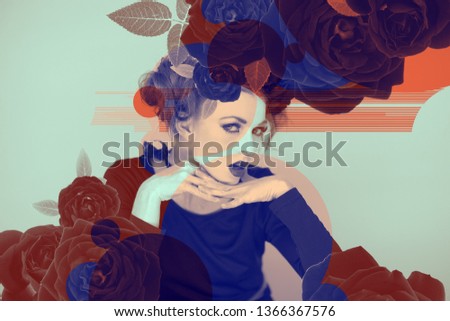 eyecatching beautiful woman artwork with roses and color effects in duotone