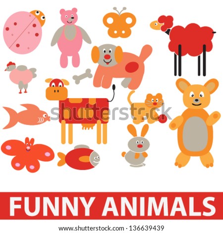 funny, cute cartoon animals set, vector