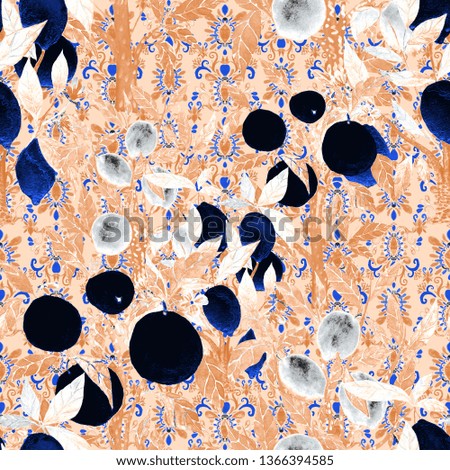 Watercolor seamless pattern with citrus trees on ikat background. Bright wallpaper with orange, lime and lemon trees. Beautiful summer print. Surface design. 