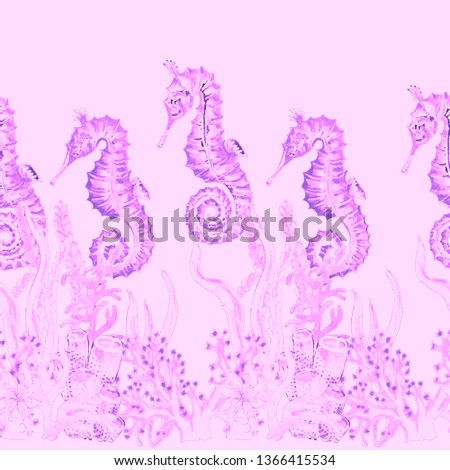 Watercolor seamless pattern with seahorse in coral reef. Bright summer print. Exotic pattern. Can be used for any kind of design