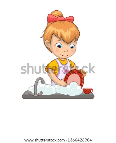 Poster and text sample lettering girl helping mom with chores duties around house raster illustration isolated on white background