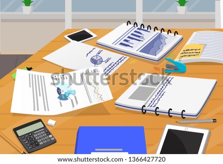Office paper documentation raster illustration with charts data visualization calculator and mobile gadgets supplies stuff workplace design poster