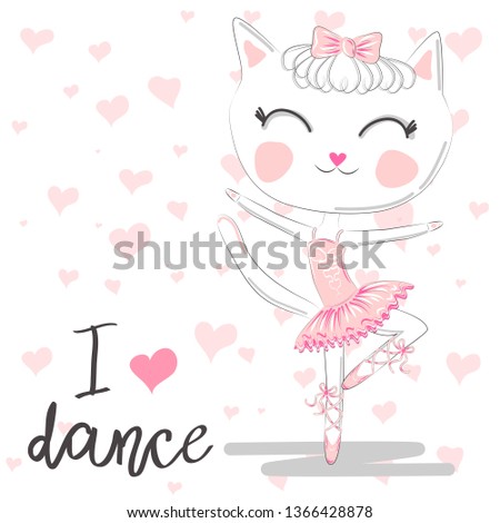 T shirt design. Modern fashion style on white background with heart, original text I love dance. Cute ballerina cat dancing ballet in pink tutu.