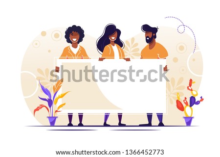 Young characters holding a sheet of white paper. Copy space. Your text here, template. Flat editable vector illustration, clip art