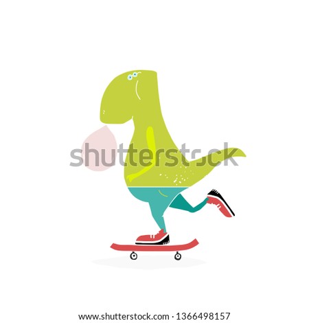 Hand drawn stylized dinosaur with skateboard. Vector trandy flat style cartoon dino. Character vector. Sport.