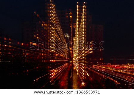 night city in motion of light lines close up