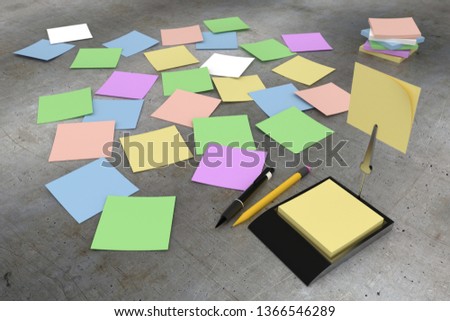 Adhesive Notes on concrete table with pen and pencil - 3D illustration