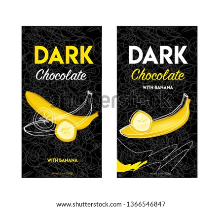 Packaging design chocolate. Vector illustration. Pack design dark chocolate with banana. 