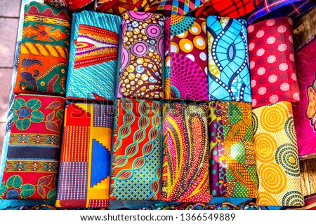 Colorful African fashion cloths in street market ,Kenya  Africa Royalty-Free Stock Photo #1366549889