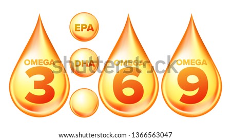 Omega Fatty Acid, EPA, DHA Vector Drops Set. Omega Three, Six And Nine Isolated Cliparts Pack. Natural Fish, Plants Oil. Healthy Food Supplements Collection. Organic Vitamin, Nutrient 3D Illustration Royalty-Free Stock Photo #1366563047