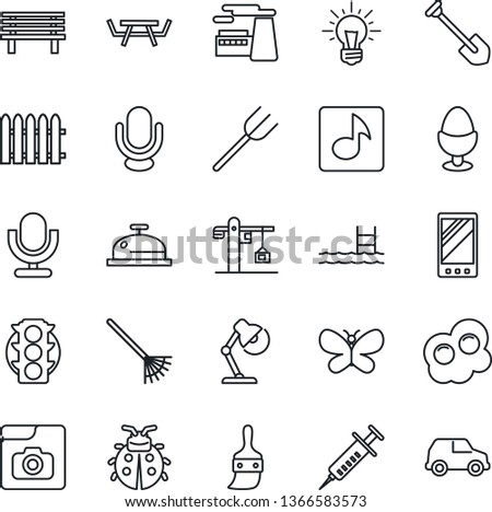 Thin Line Icon Set - job vector, factory, farm fork, fence, rake, butterfly, lady bug, bench, picnic table, syringe, traffic light, microphone, mobile, themes, music, photo gallery, desk lamp, pool