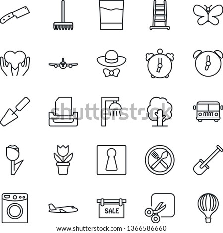 Thin Line Icon Set - airport bus vector, female, plane, flower in pot, trowel, shovel, rake, ladder, tree, butterfly, heart hand, tulip, alarm, cut, paper tray, sale, cafe, drink, dress code, knife