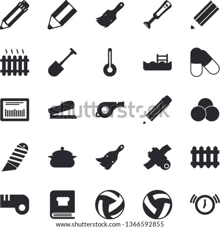 Solid vector icon set - paint brush flat vector, stationery knife, saucepan, cookbook, blender, temperature, shovel, radiator, barcode, pencil, stapler, satellite, whistle, volleyball, pills, pool