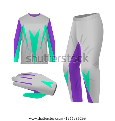 Blank motocross kit mock up. Isolated design templates. Long sleeve jersey, trousers and glove. Total look uniform design. Layout for own team wearing.