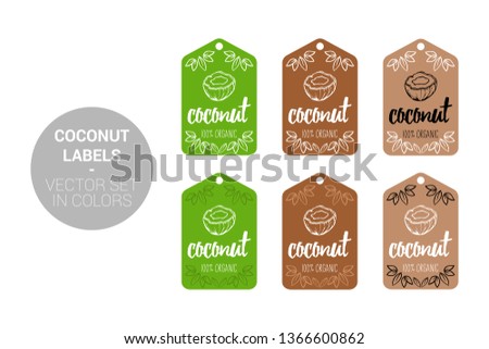 Coconut Eco labels vector set in green and brown colors. Cartoon Advertising hundred percent organic Stickers. Tropical Badges with Hand drawn coconut and little leaves ready for web and Print