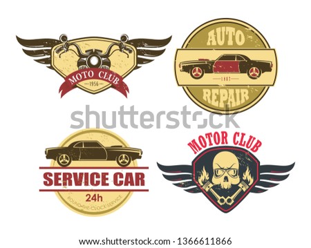 Vintage signs for car and motorcycle repair services. Set of isolated retro logo with skull for auto workshop or station, center. Classic vehicle for automobile diagnostic and maintenance. Icon