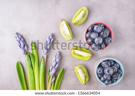 Blue purple hyacinths buds, kiwi pieces and blueberries on a gray tile background. Top view, copy space