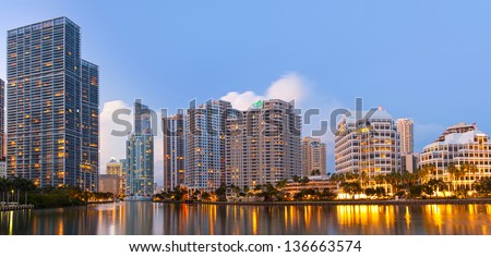 Miami Florida, Brickell and downtown financial buildings over miami River on a beautiful summer day before sunset