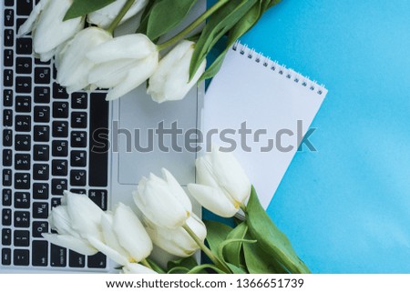 Top view of a laptop with blue tulips on the sides and a brown envelope on a flat surface.