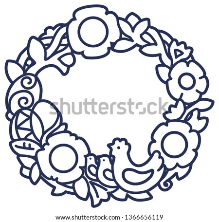 Easter holiday wreath in a vector with chicken and chickens linear illustration. Round vintage frame isolated on white background