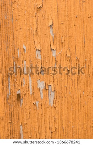 Old paint in the cracks, on the wooden wall. Peach color. Close up.