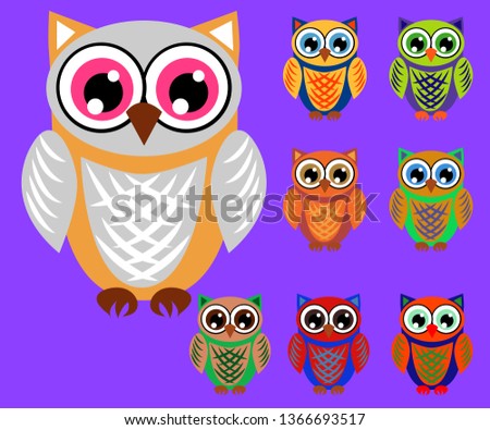 Cute multicolored cartoon owls for children, different designs