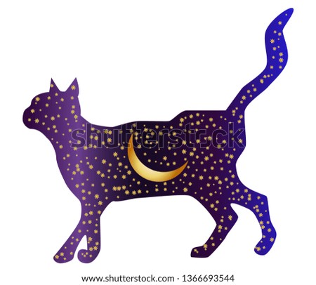 Cat-night. Cat silhouettes painted with a night sky with stars and a young moon
