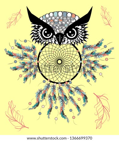 Patterned owl on the grunge background. African indian totem tattoo design