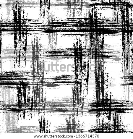 Distressed Black and White Seamless Background. Dry Brush Overlay Texture. Distressed Messy Check Cloth Pattern. Fashion Textile Print Design.