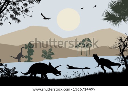 Dinosaurs silhouettes in beautiful landscape near river, vector illustration