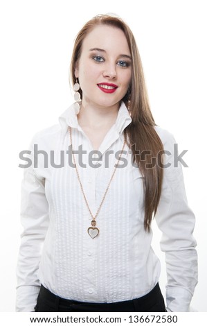young smiling business woman posing on white background cute expression