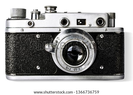 Old film 35 mm compact camera on white background, isolated. Royalty-Free Stock Photo #1366736759
