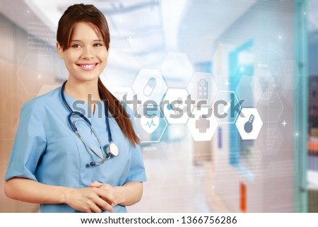 Doctor or medical students using digital tablet with medical icon at hospital. Medical technology network concept. copy space.