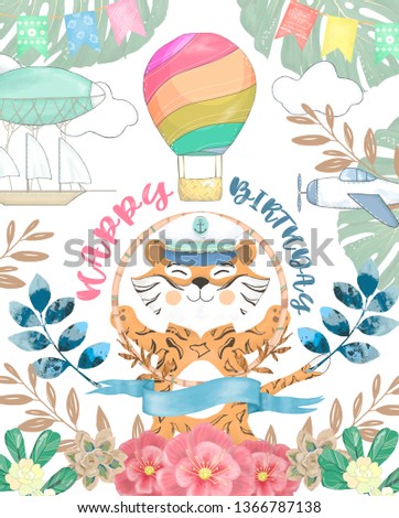 Happy birthday card with cute tiger Watercolor animal. Cute baby greeting card. Boho flowers and floral bouquets Happy Birthday set. Watercolor greeting baby clip art on white background