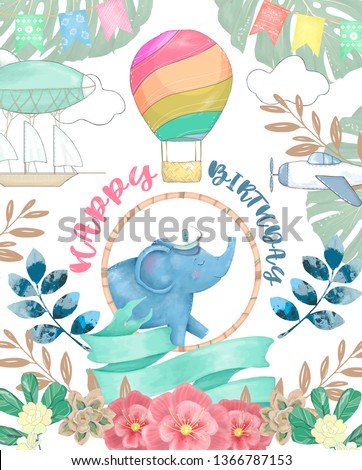 Happy birthday card with cute Elephant Watercolor animal. Cute baby greeting card. Boho flowers and floral bouquets Happy Birthday set. Watercolor greeting baby clip art on white background.