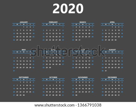 Calendar 2020 year simple style. Blue lines, blue weekends Week starts from Sunday. Vector illustration