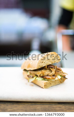 Meat Sandwich with Ciabatta Bread, shallow depth of field, outdoors shot