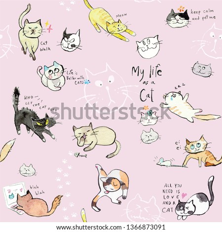 Seamless pattern of watercolor painted , cute cartoon cats. Hand drawn adorable pet background. - Illustration