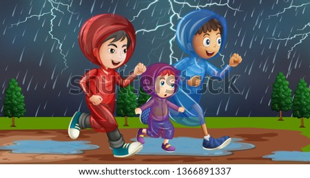 Family running in the rain illustration