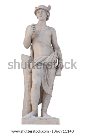 Sculpture of the ancient Greek god Mercury isolate. Mercury was a messenger and a god of trade, profit and commerce. Royalty-Free Stock Photo #1366911143